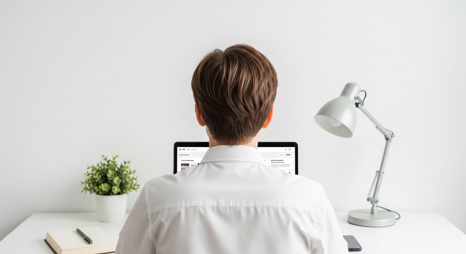 Eine Person im weißen Hemd sitzt am Schreibtisch und arbeitet an einem Laptop; daneben eine Schreibtischlampe und Pflanze.